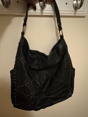 B Makowsky Black Leather Studded Hobo Shoulder Bag Y2K Leopard Lining